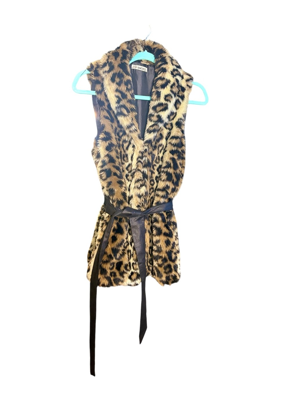 INTRO Brown&Black Fall Cozy Faux Fur Leopard Print Belted Vest with Collar Sz S